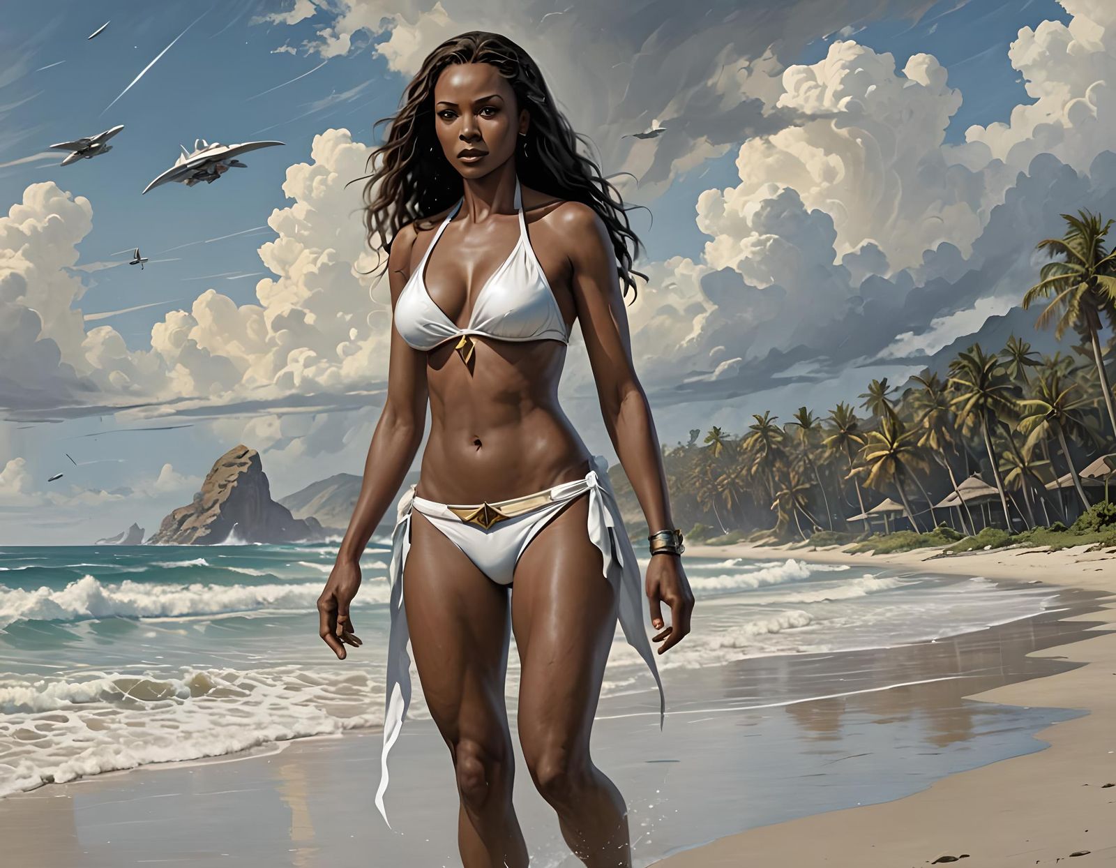 Woman in White Bikini: Fantasy Art Beach Scene