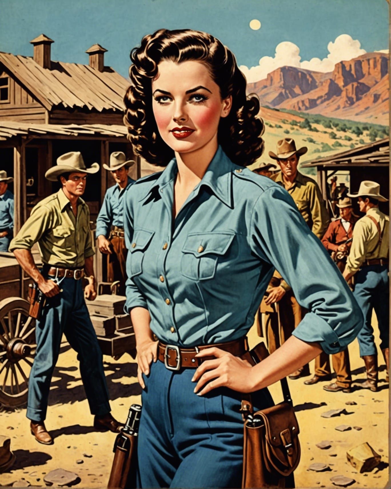 Brunette Movie Star on Wild West Set, Comic Art