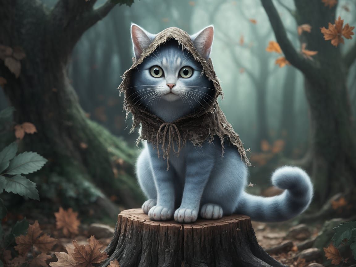 Whimsical Blue Cat in Enchanted Forest