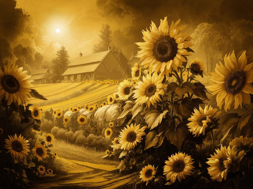 Sunlit Farm: Ink Wash Sunflower Landscape