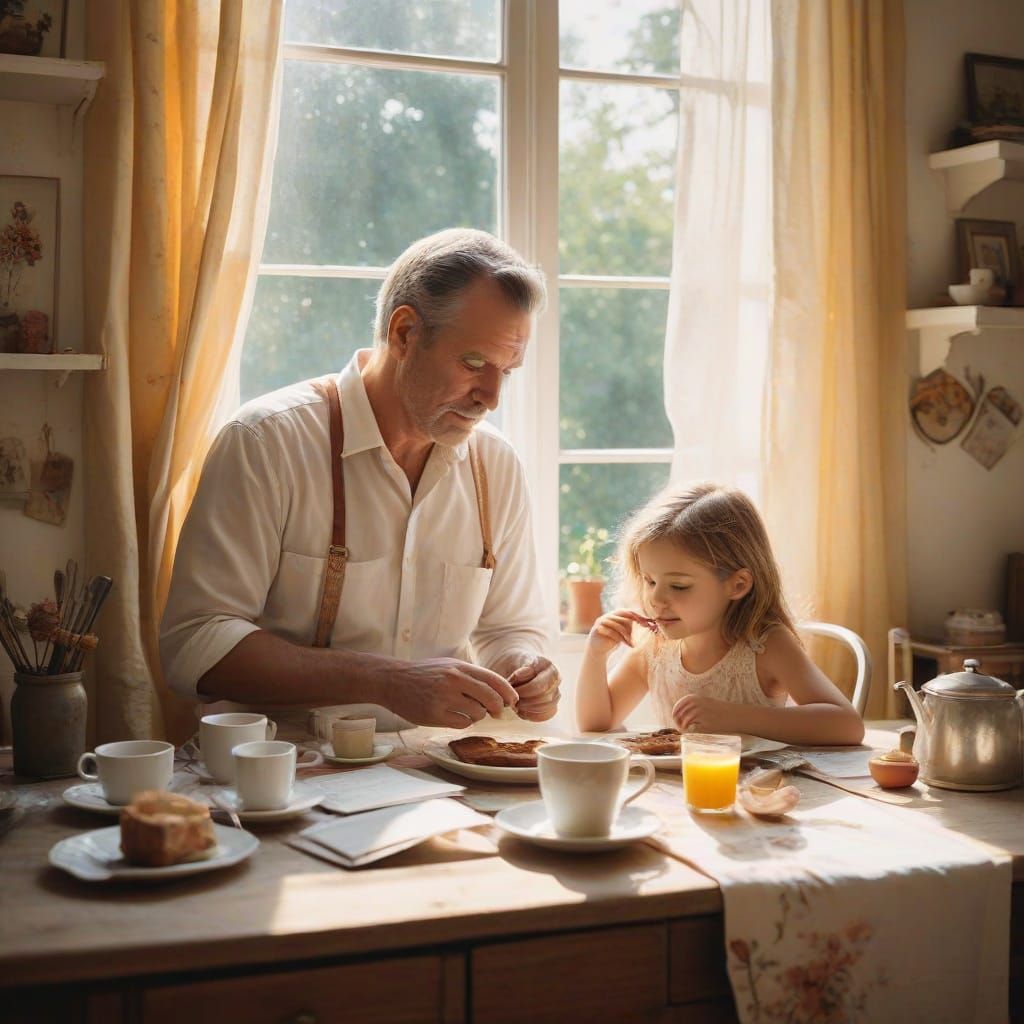 Father and Child Share Sunday Breakfast in Watercolor