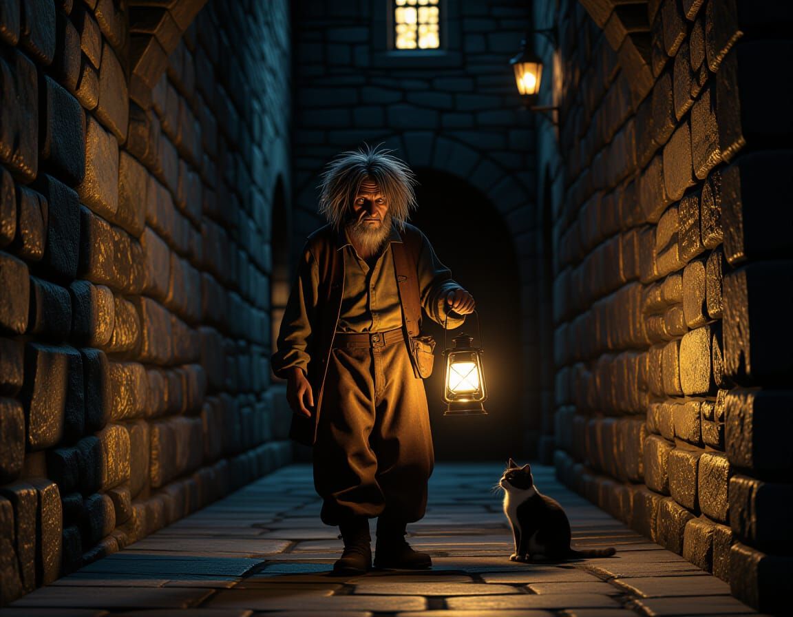 Man and Cat Patrol Magical Castle with Lantern