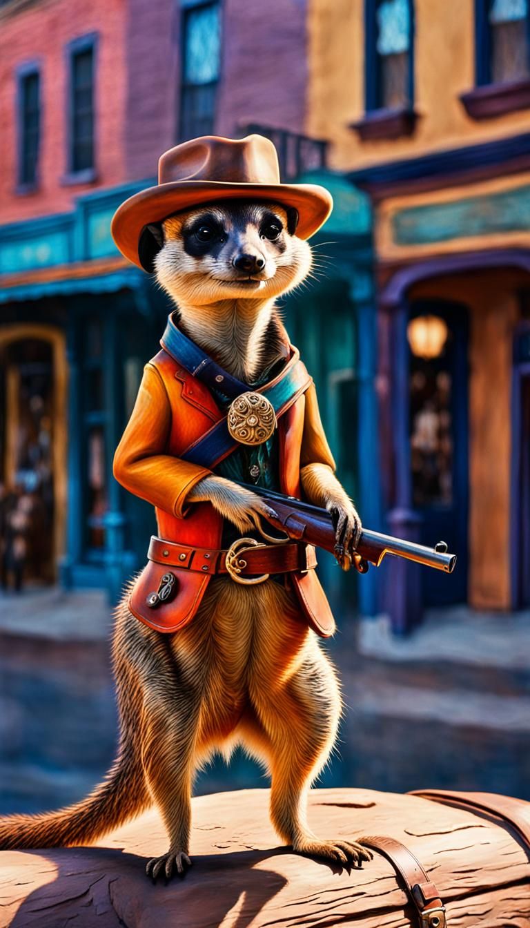 A meerkat wearing a six shooter gun belt and cowboy hat stan...