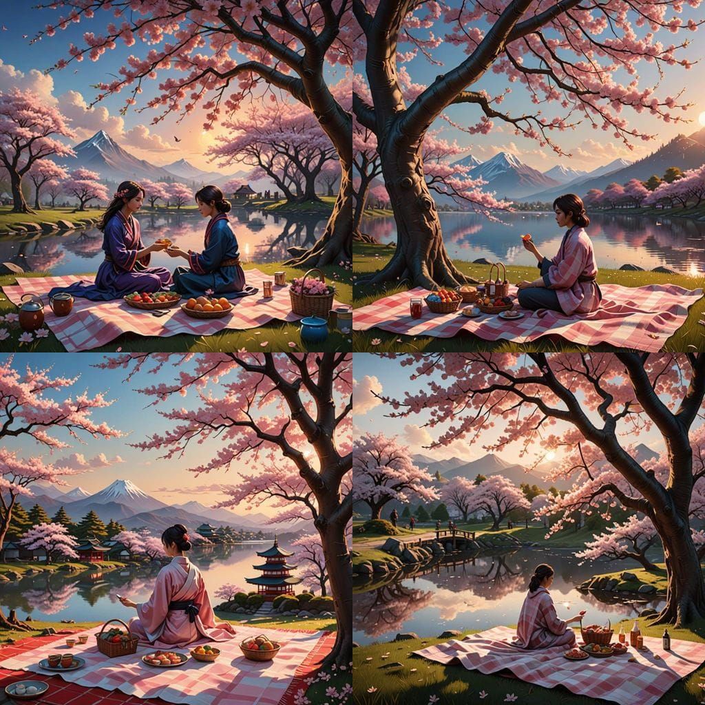 Serene Picnic Under Cherry Blossoms at Sunset