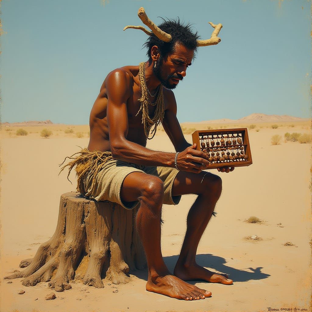 Primitive Man Contemplates Abacus in Basquiat Style