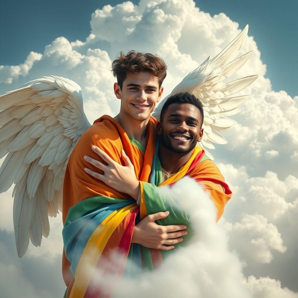 Gay Angels Embrace in Rainbow Robes