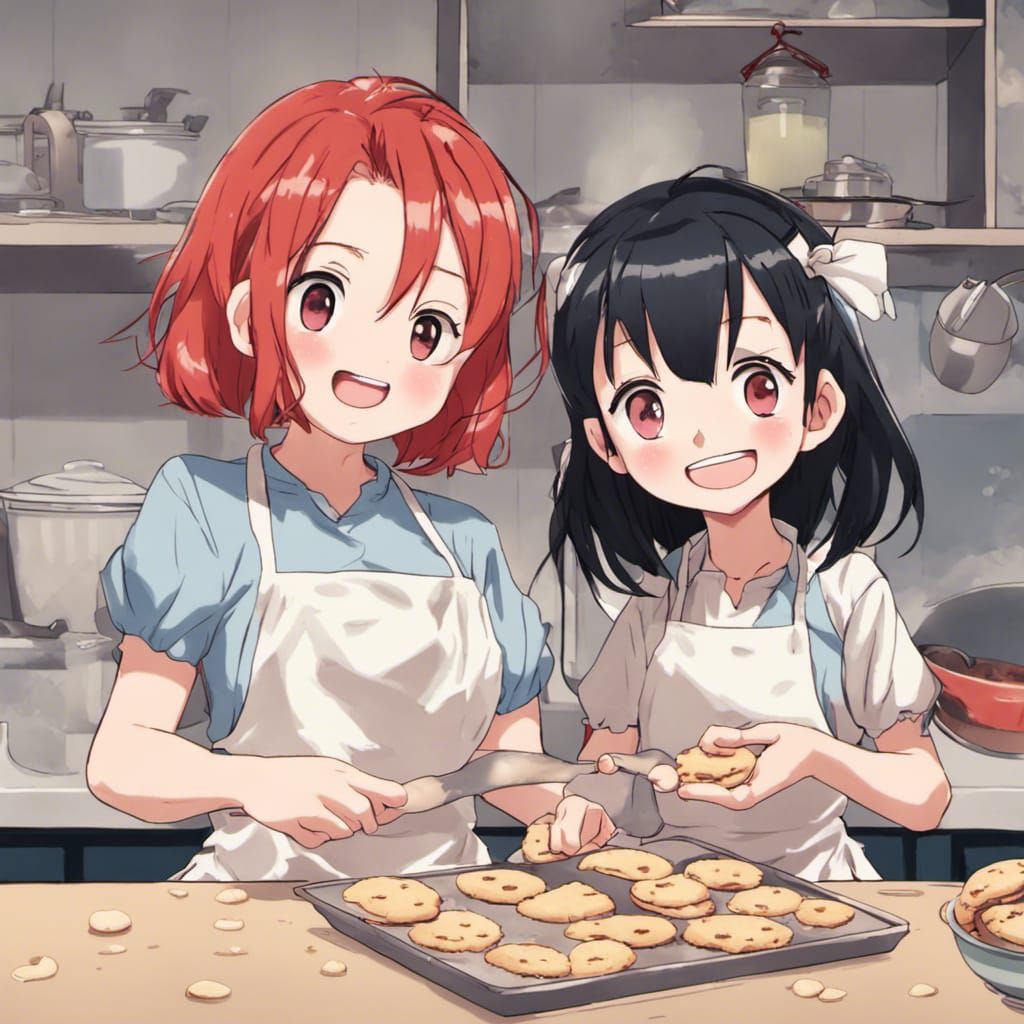 Anime Style: Two Girls Baking Cookies, Excited