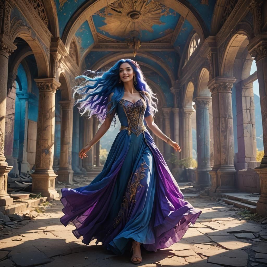 Blue-Haired Girl Dancing in Abandoned Palace