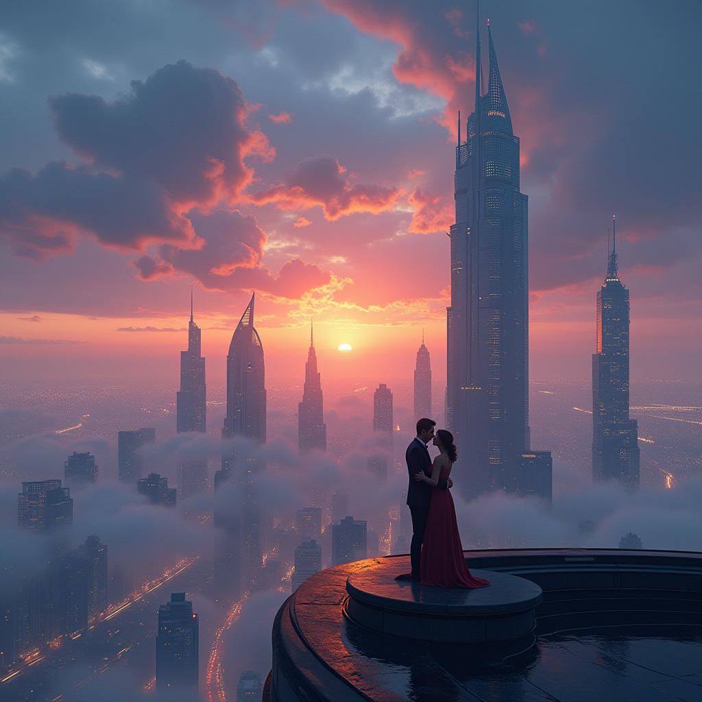 Romantic Rooftop Embrace in Futuristic Cityscape