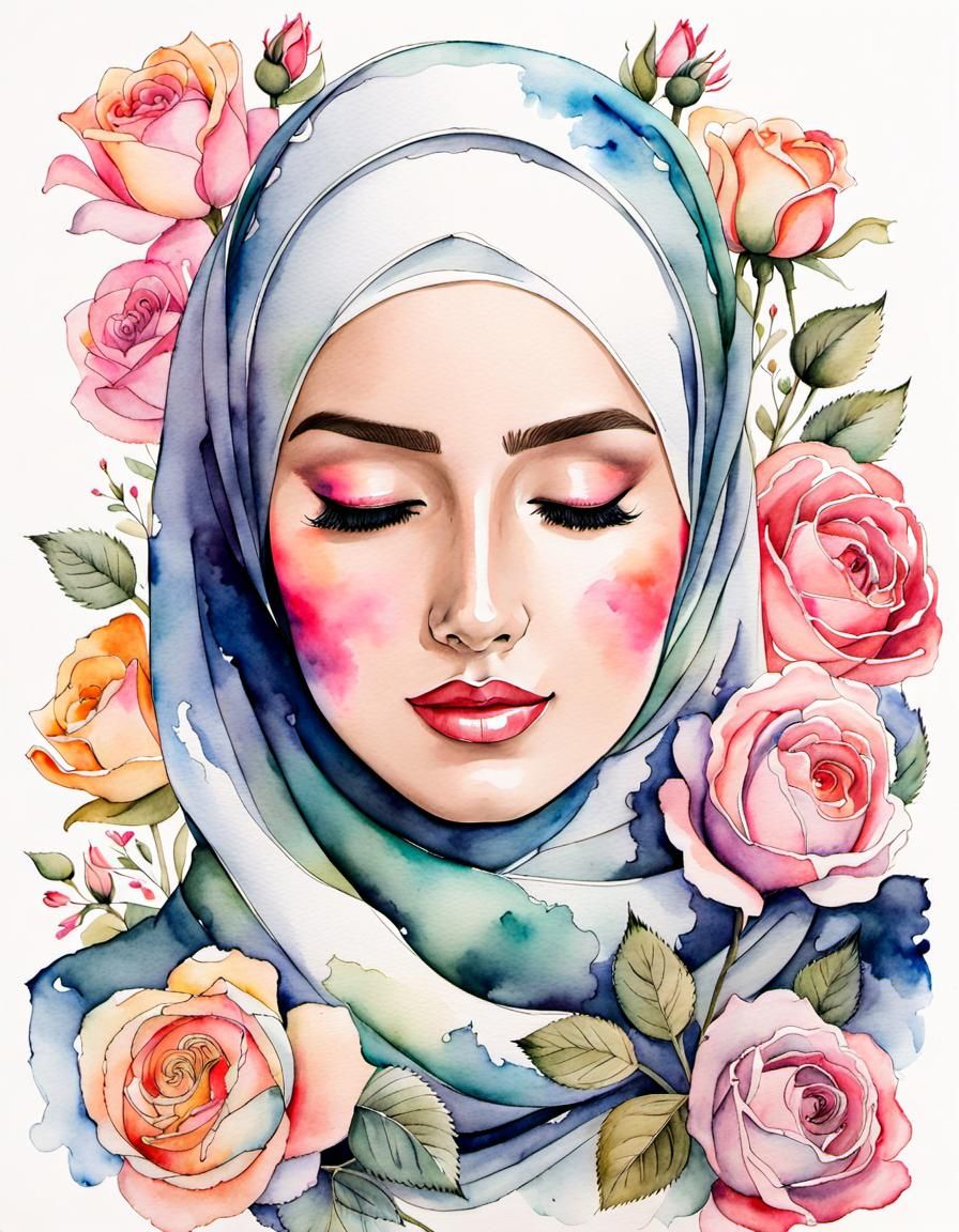 Beautiful Hijabi Woman with Roses, Watercolor Ink Drawing
