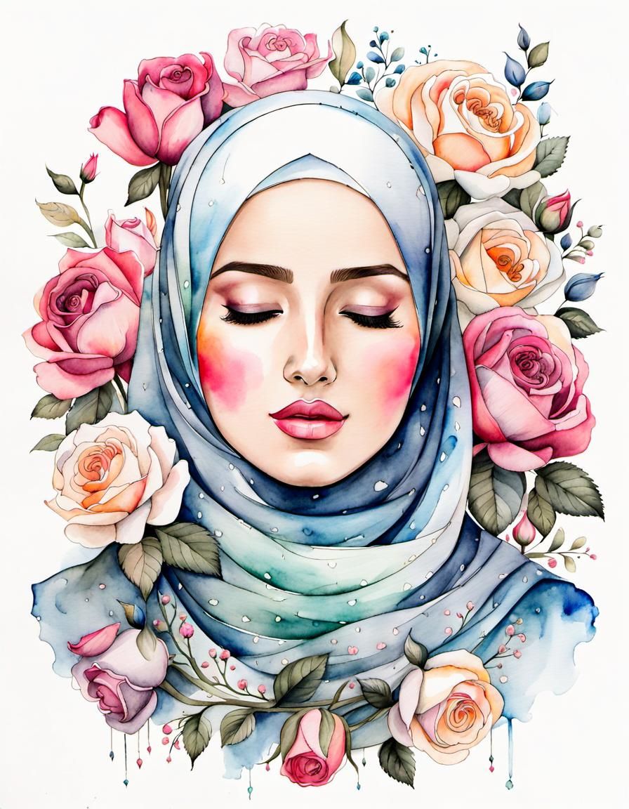 Watercolor Portrait of a Woman in Hijab with Roses