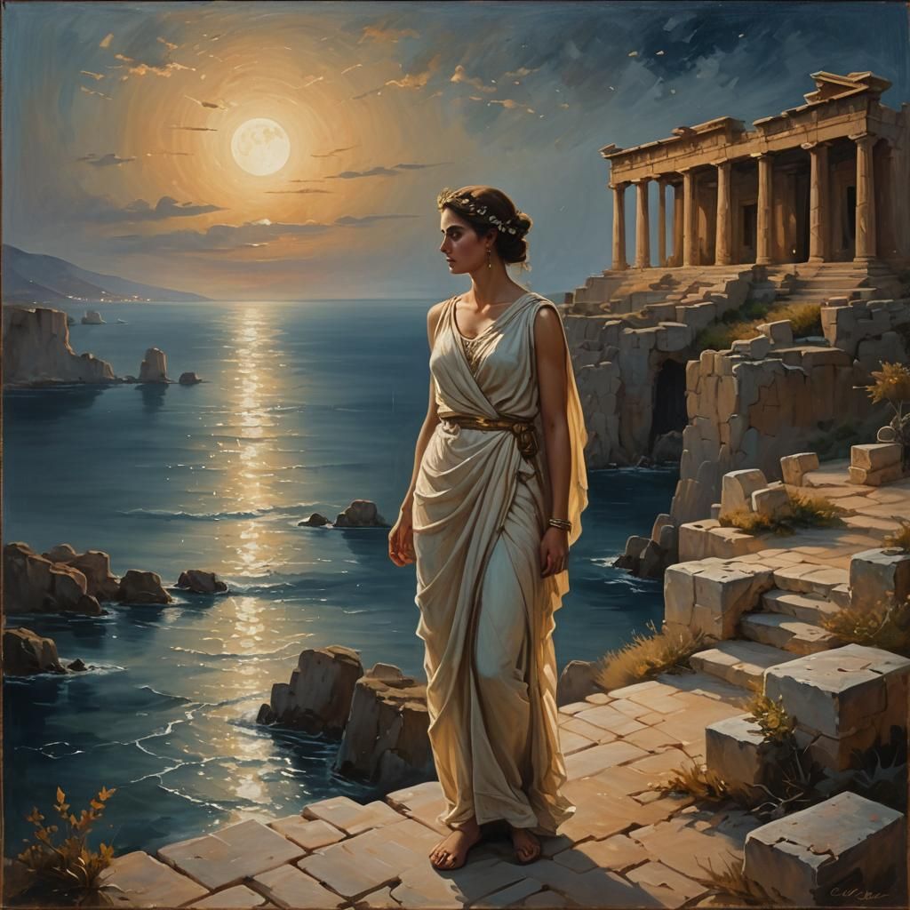 Calypso in Moonlit Ruins: Classical Realism Oil Painting
