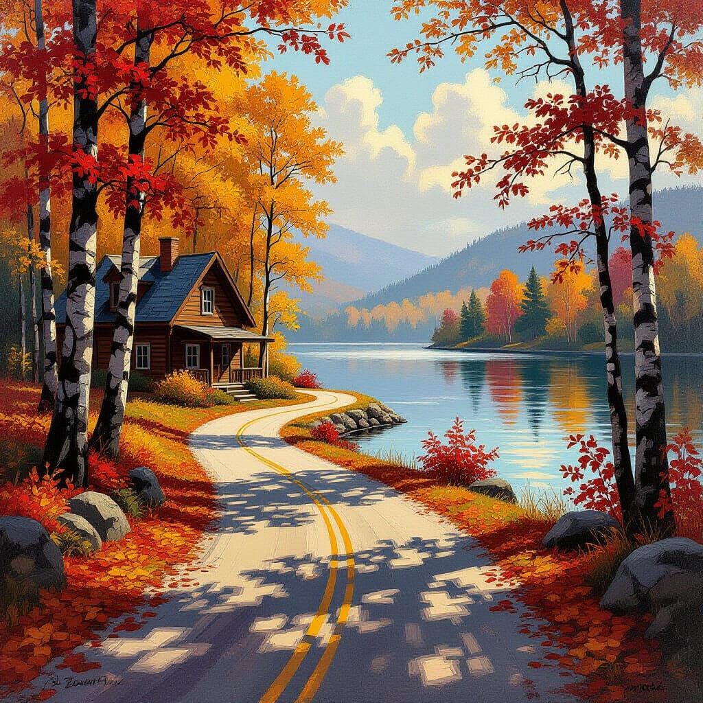 Peaceful Cabin by Lake with Autumn Leaves, Painterly Style