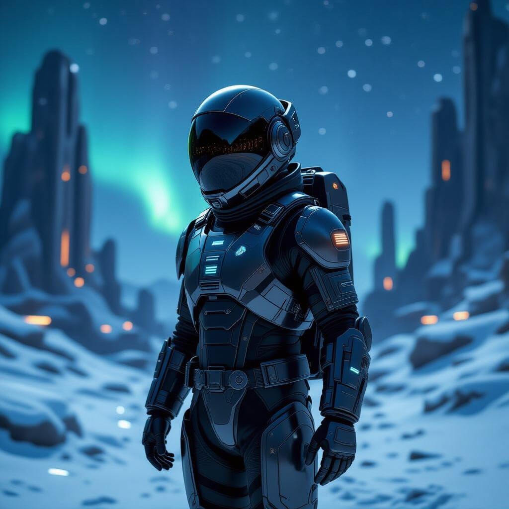 Astronaut Exploring Ancient Alien Ruins in Dark Sci-Fi Style