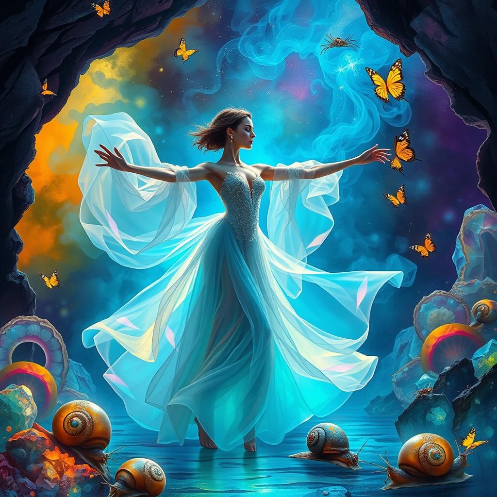 Bioluminescent Dancer in Crystal Cavern, Surreal Art