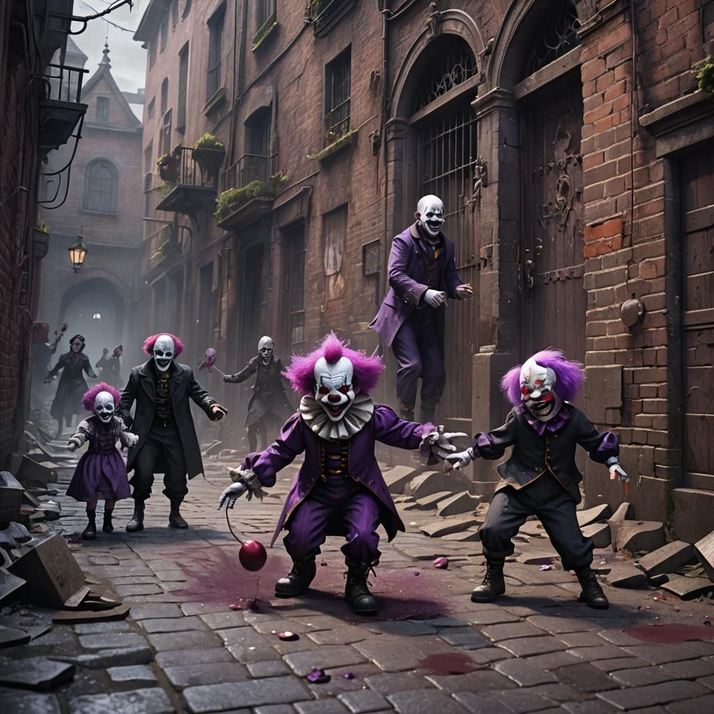 Children Attack Clown in Gothic Alleyway: Fantasy Art