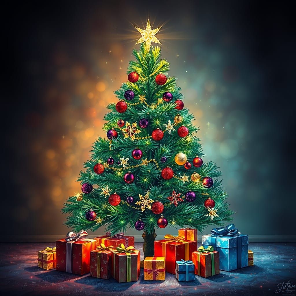 Realistic Christmas Tree With Crystal Ornaments and Gifts