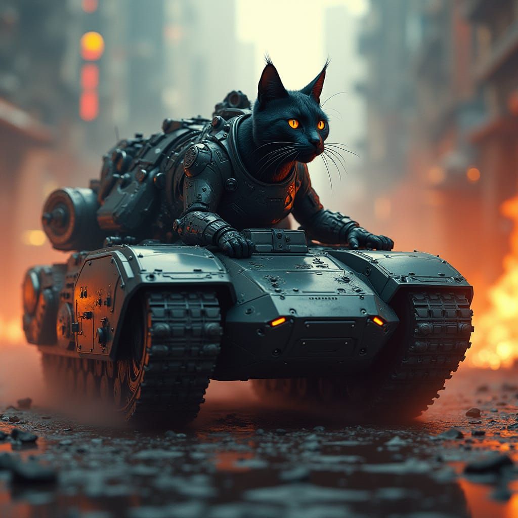 Cyberpunk Cat Battles in a Futuristic Tank