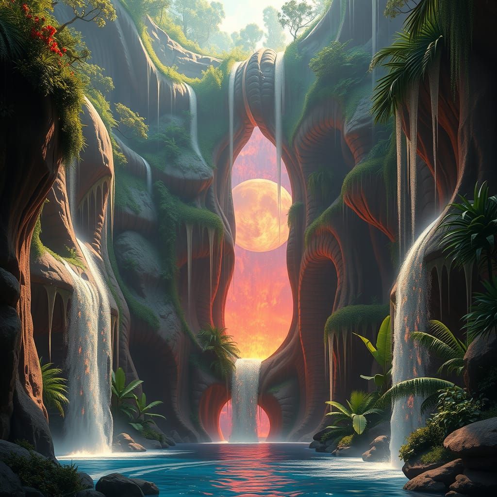 Fantasy Waterfall with Mica Flecks and Lush Vegetation