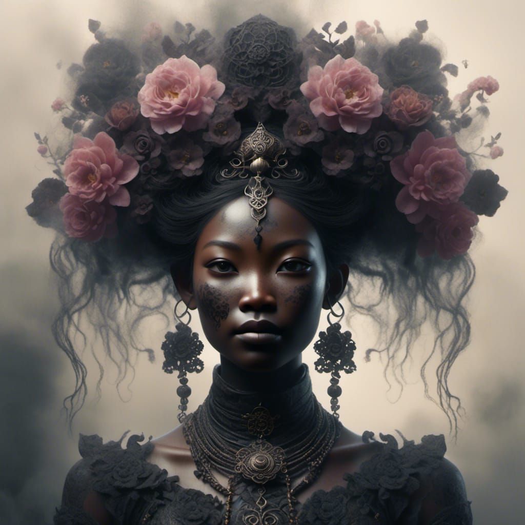 Gothic Dark Flower Goddess Portrait with Smoke