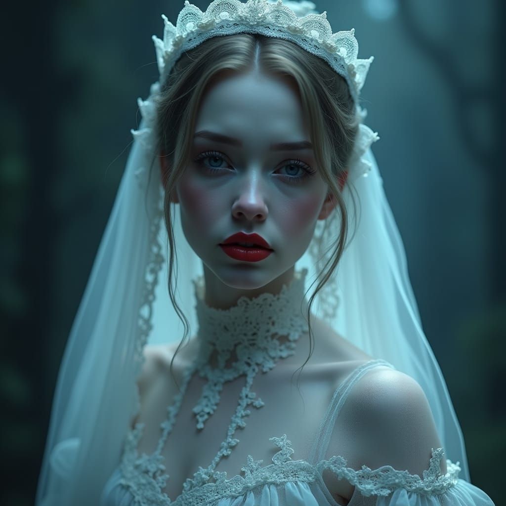 Ethereal Victorian Bride in Moonlit Scene