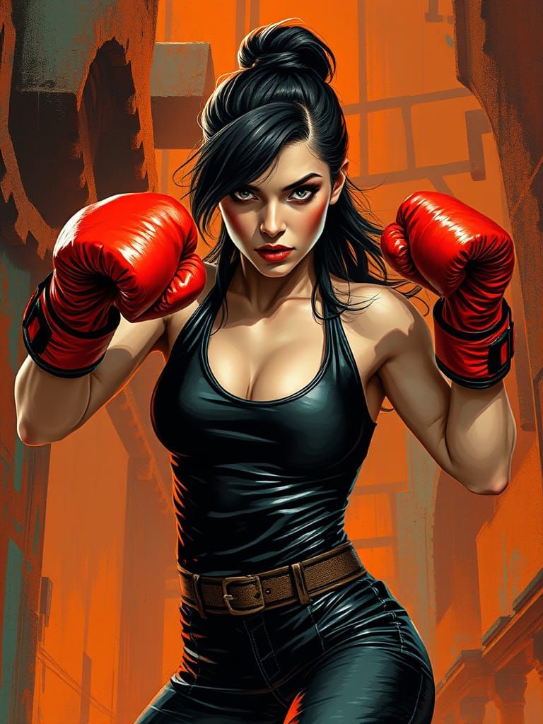 Determined Female Boxer in Gritty, High-Contrast Environment