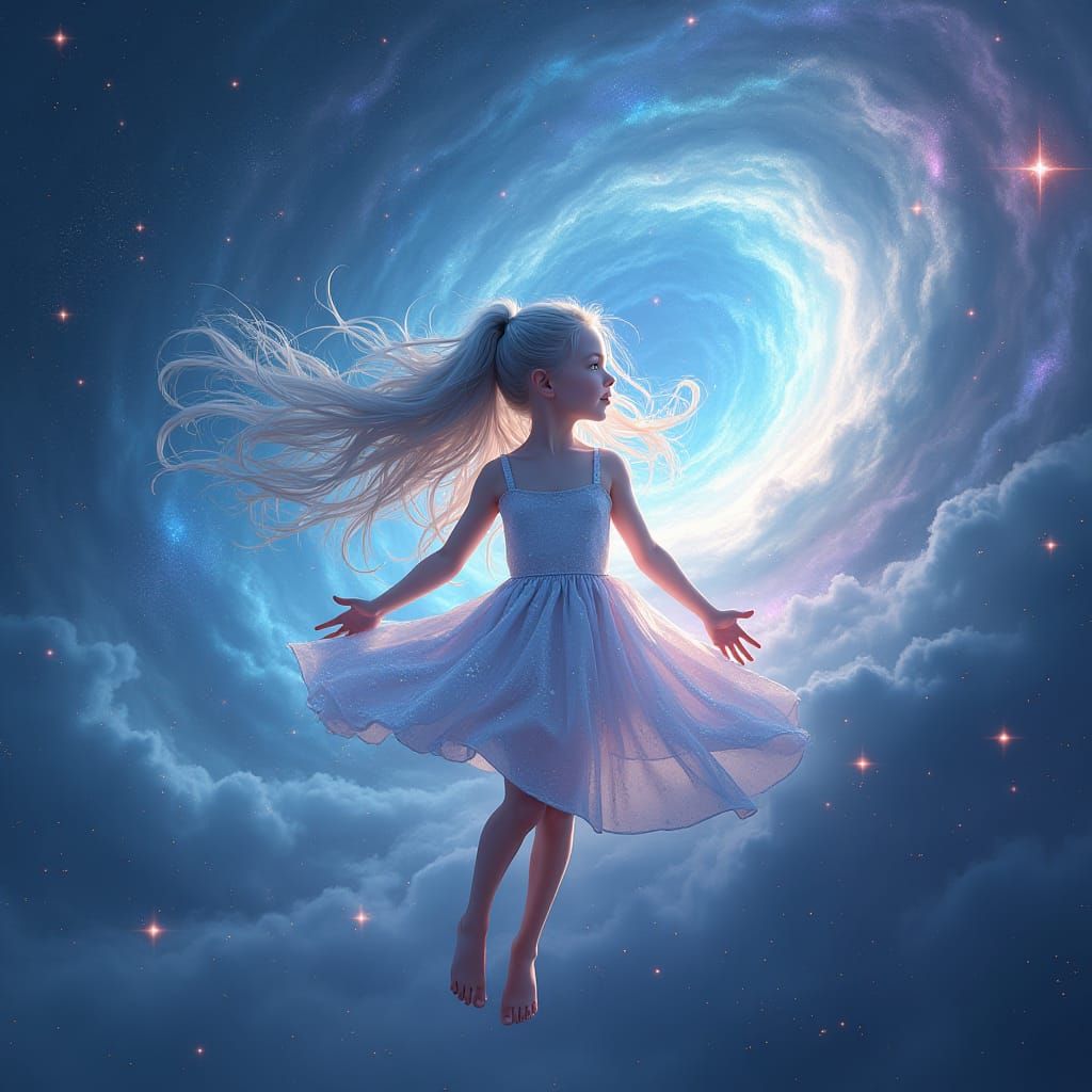 Girl Soaring Through Starry Sky in Dreamlike Art