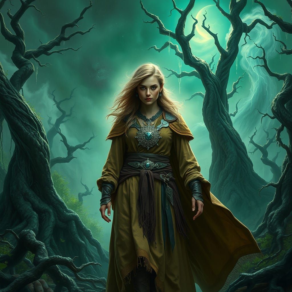 Warrior-Priestess Stands Unyielding in Ancient, Storm-Ravage...