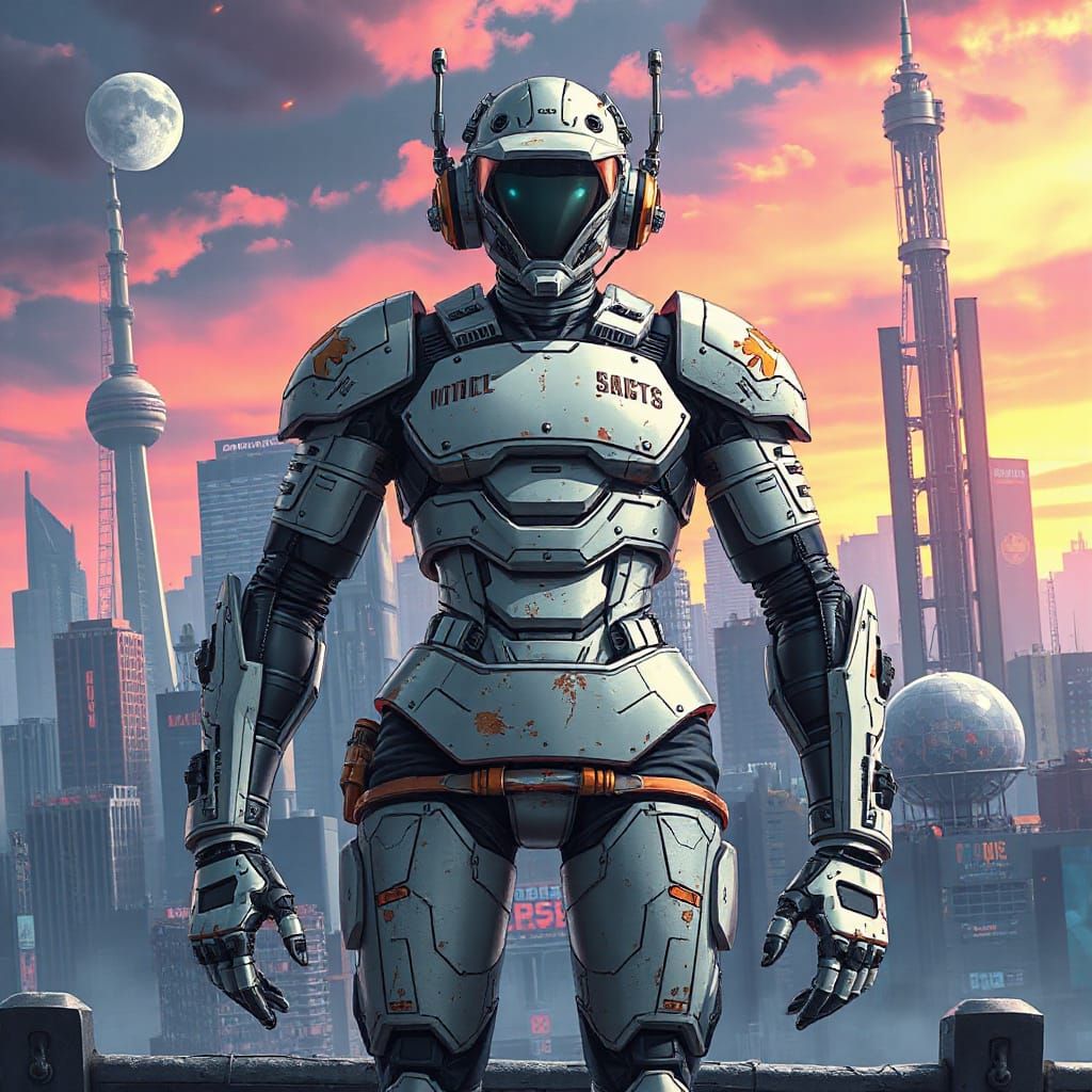 Retro-Futuristic Android in Dystopian Cityscape
