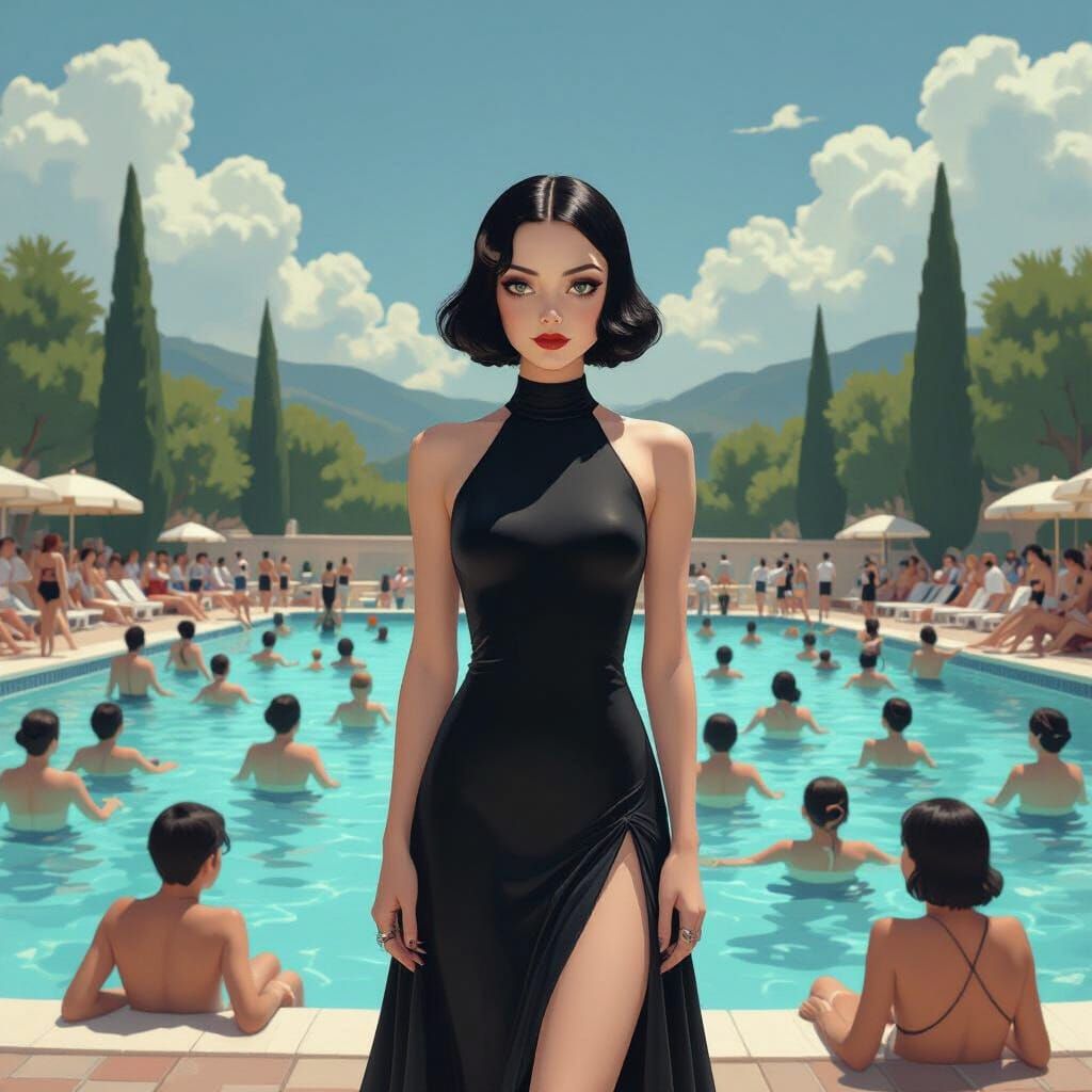 Wednesday Addams in 1920s Bathing Suit at Pool