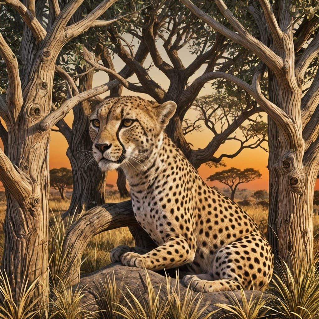 A hand carved wooden headboard depicting a cheetah on the Af...