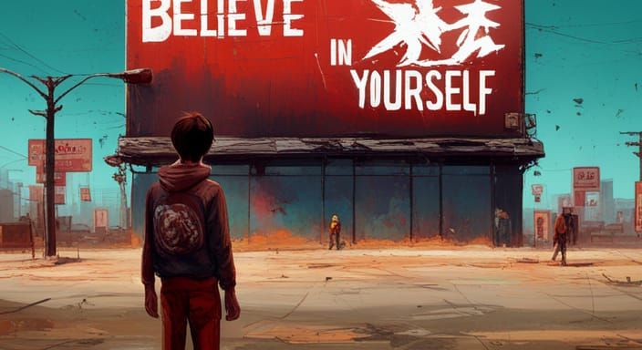 Boy and Inspirational Billboard, Detailed Matte Painting