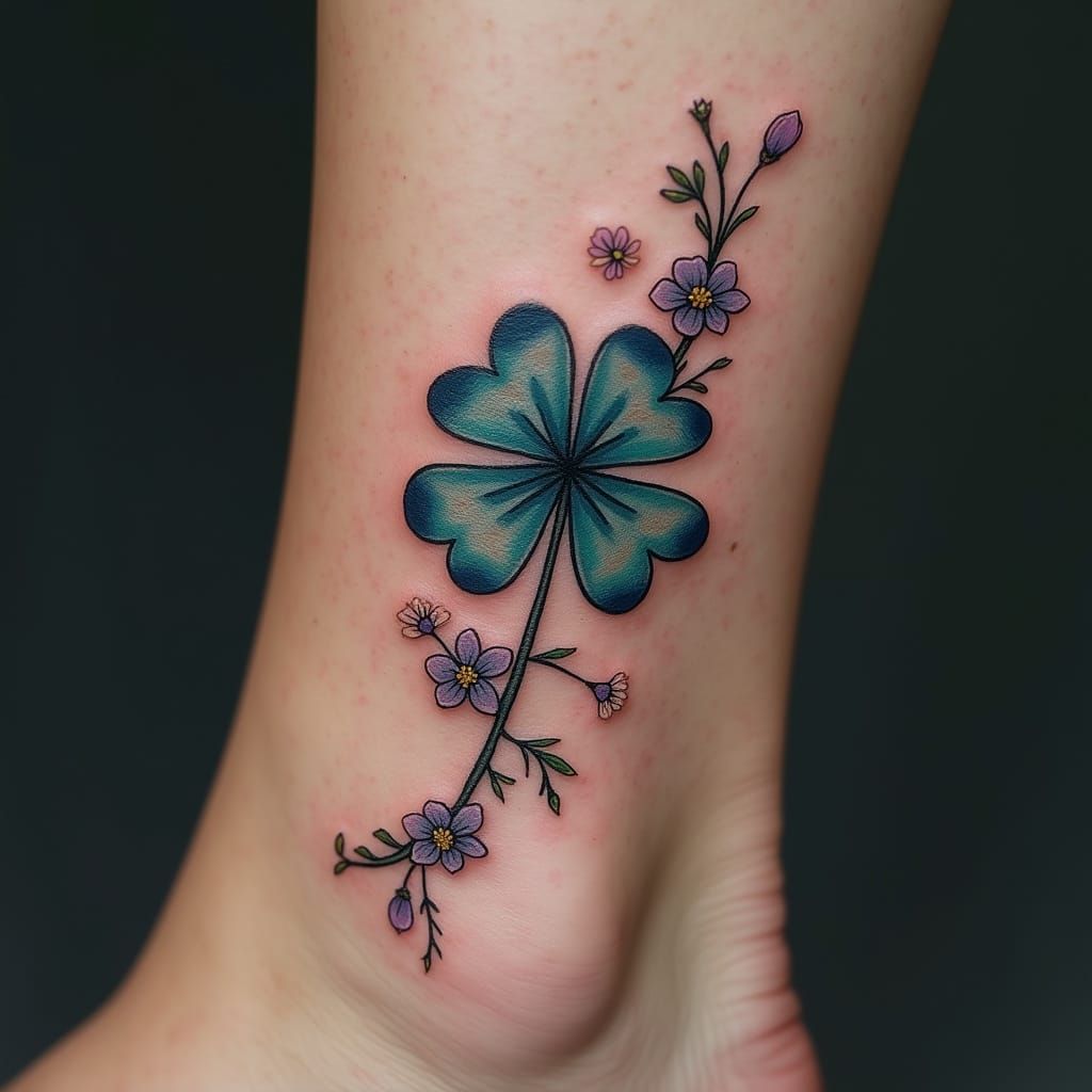 Four-Leaf Clover Tattoo Enhanced with Vines and Flowers