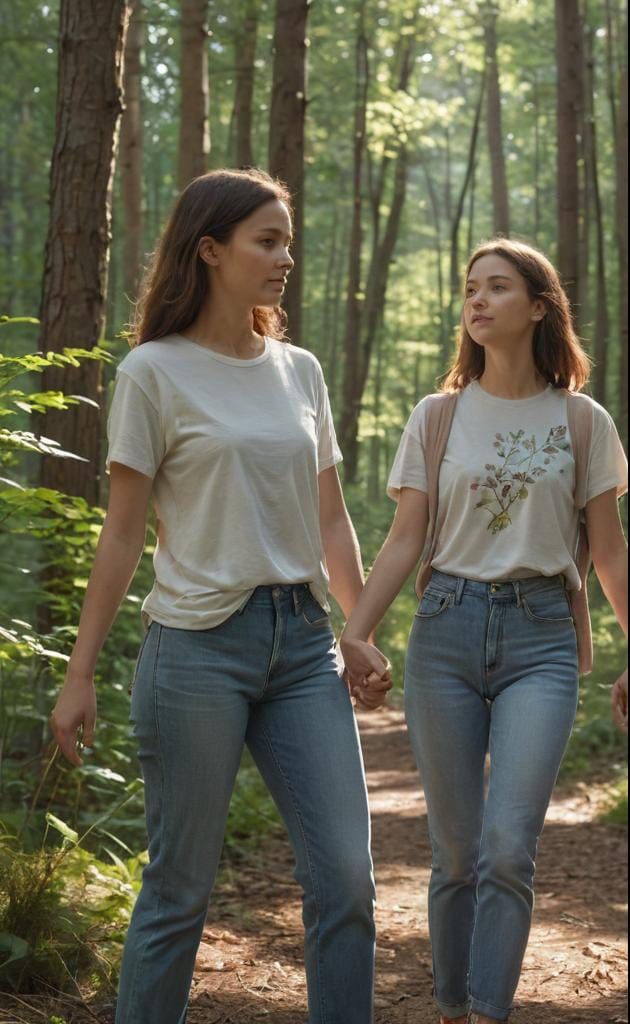 Women Walking in Woods: Hyperdetailed Portrait