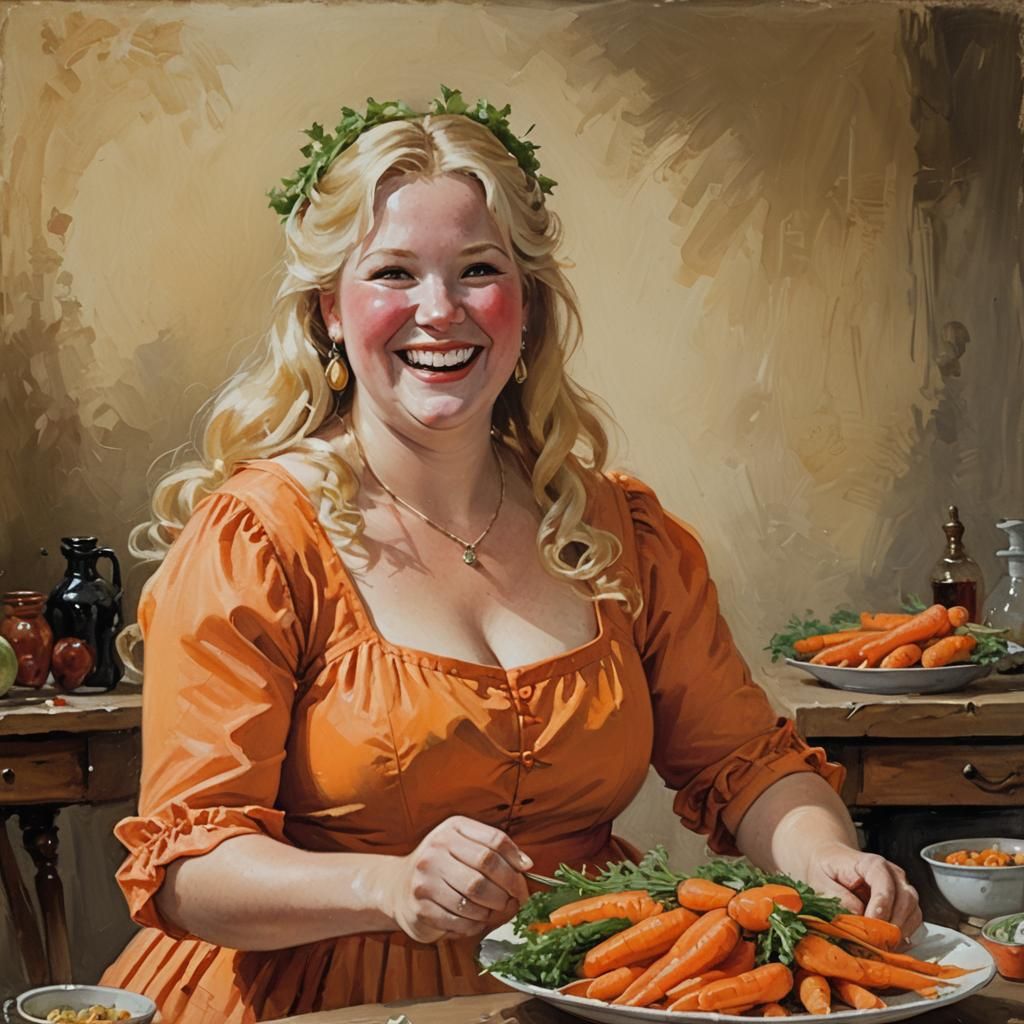 Cheerful Blonde Woman Enjoys Carrots: Oil Painting