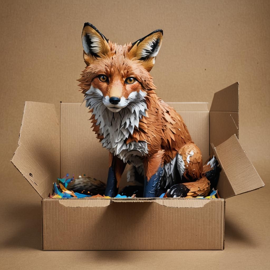Hyperrealistic Fox in Cardboard Box Concept Art