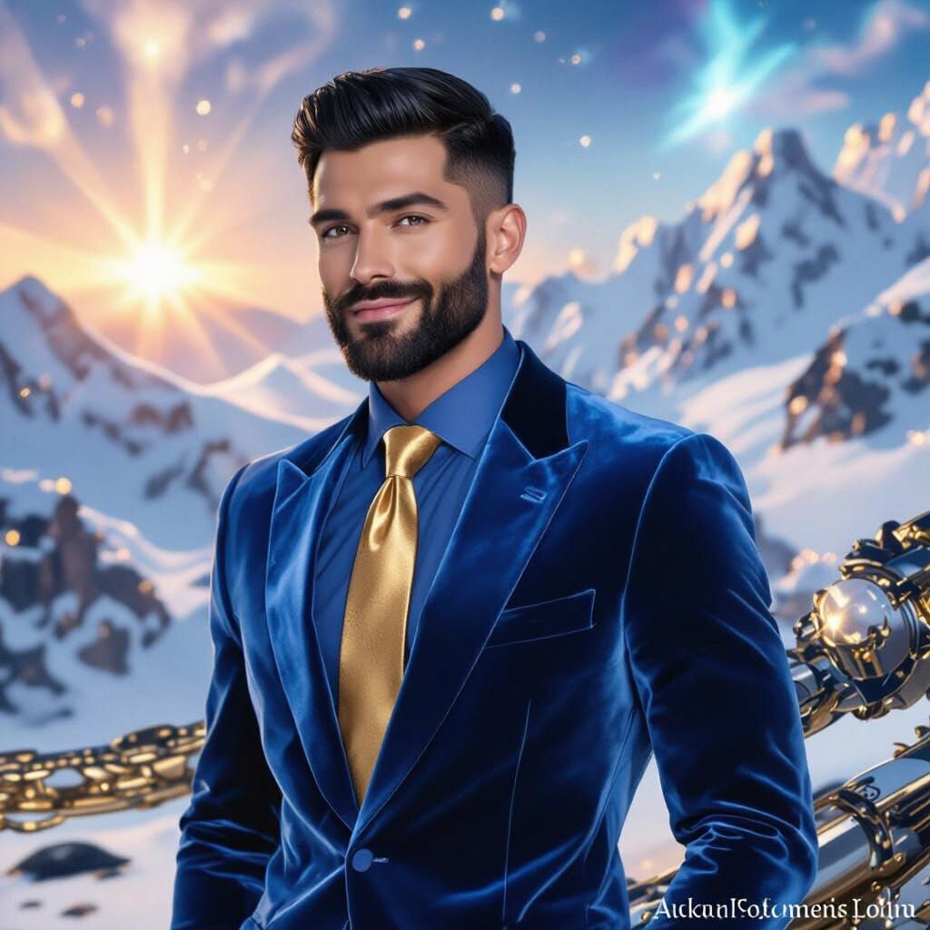 Handsome Man in Blue Velvet Suit on Golden Background