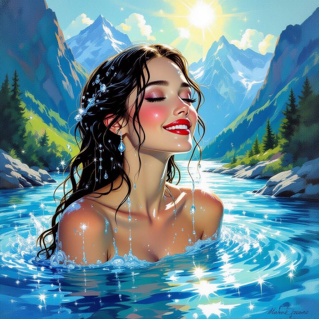 Water Nereid Rises From Magical River in Surreal Painting