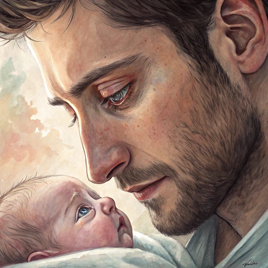 Emotional Watercolor: Father's First Embrace with Newborn