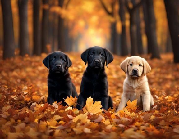 Labrador Puppies Play in Autumn Leaves