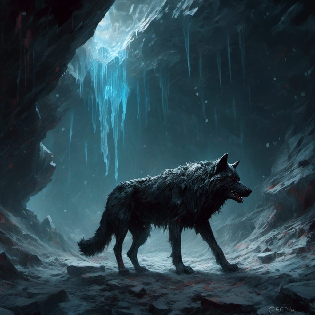 Glowing Dire Wolf in Cave: Dark Fantasy Art