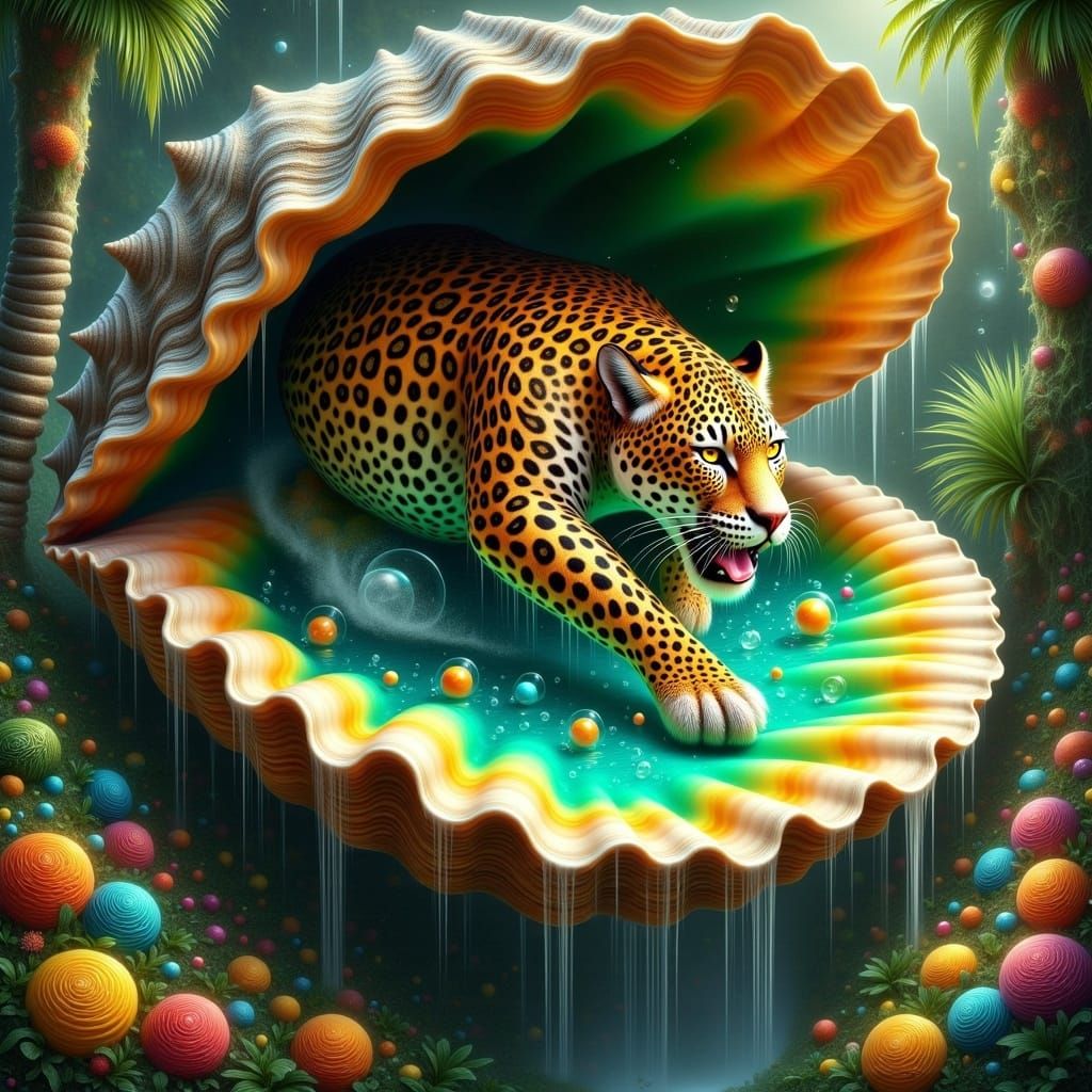 Jaguar Leaps from Brazil Flag in Tropical Fantasy Seashell