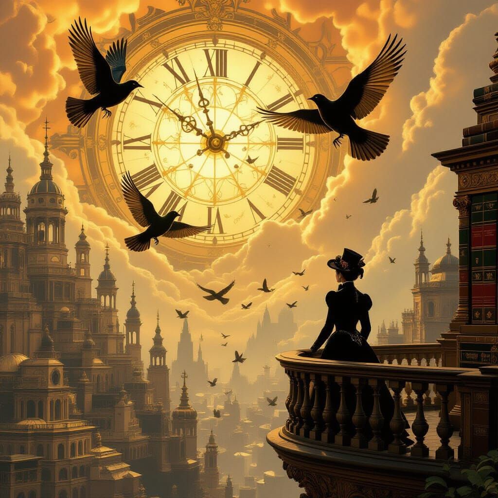 Clockwork Birds Over a Book City in Molten Gold Sky
