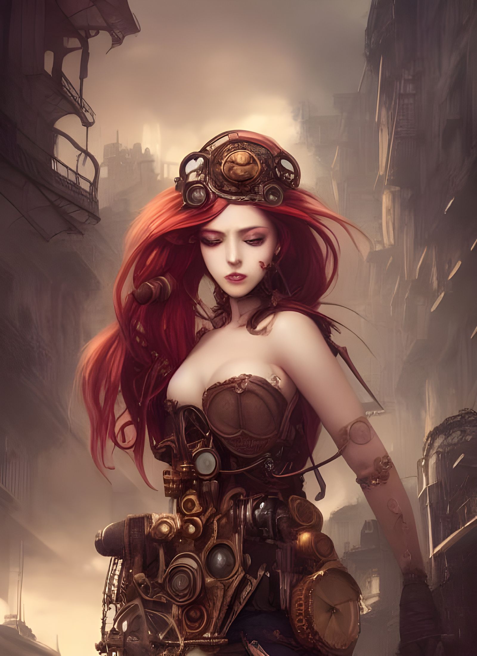 Steampunk Goddess with Crimson Hair in Hyper-Detailed Illust...