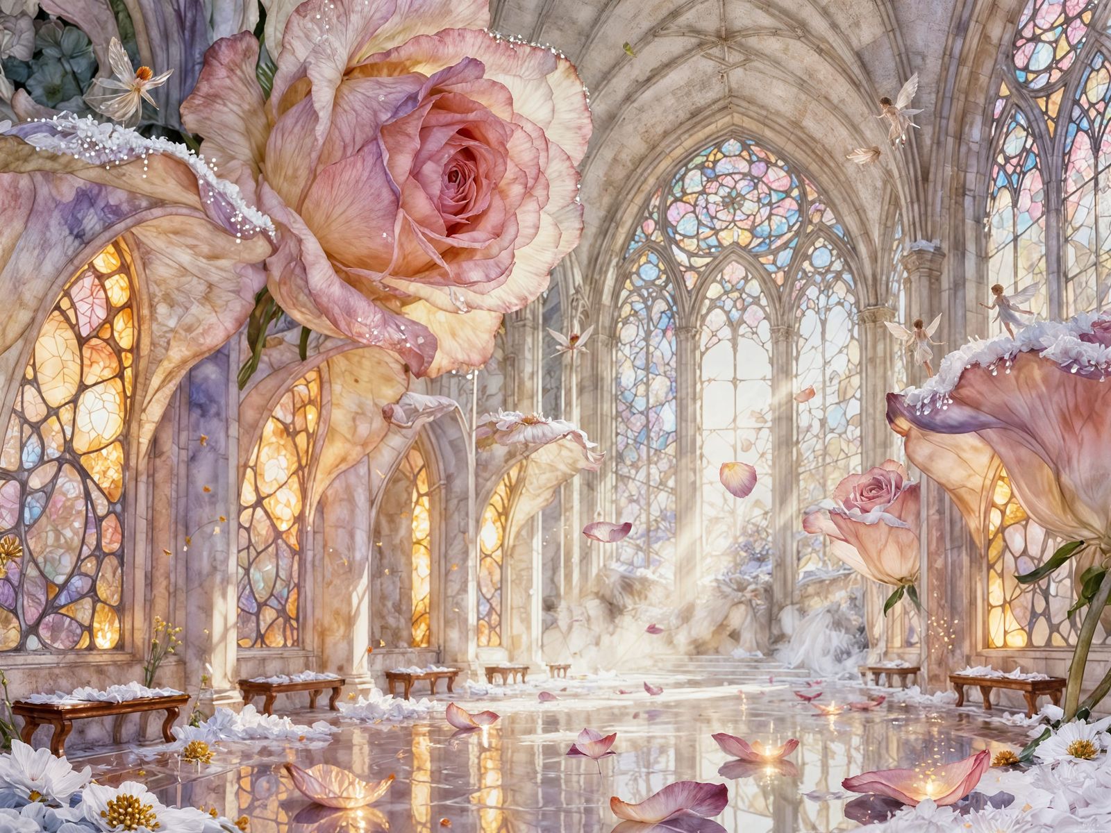 A majestic cathedral built entirely from enormous, transluce...