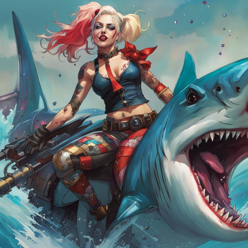 Harley Quinn Rides a Shark in Fantasy Art Style