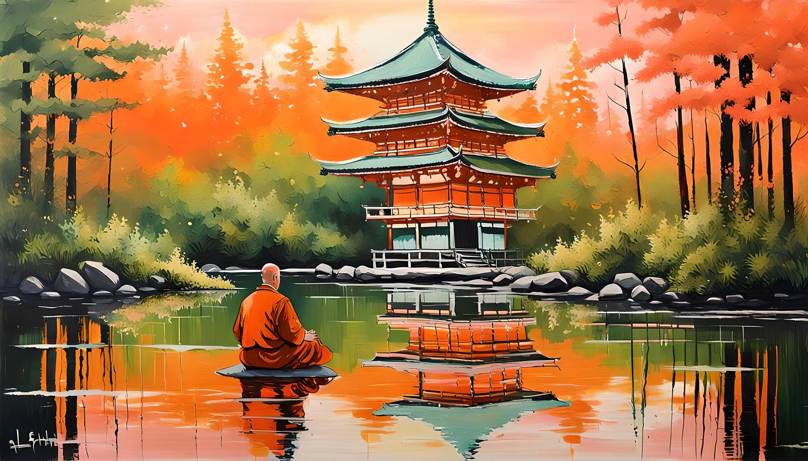 Meditating Monk at Lakeside Temple, Palette Knife Art