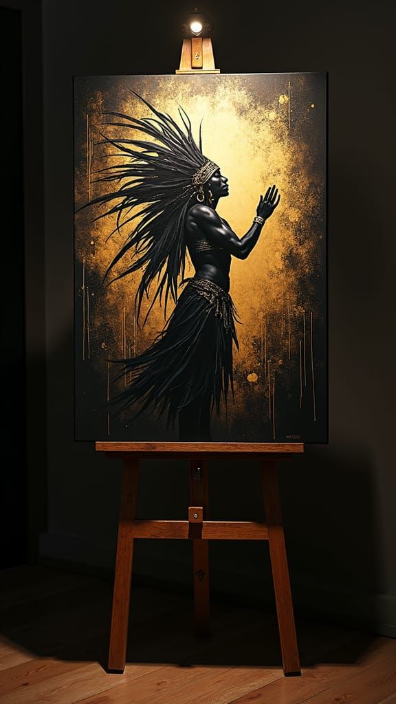 Native American Dancer Painting with Gold Regalia