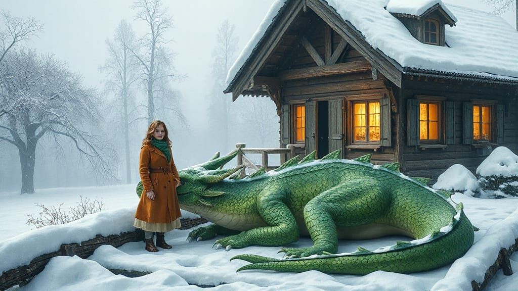 Whimsical German Maiden and Majestic Green Dragon in Snowy S...
