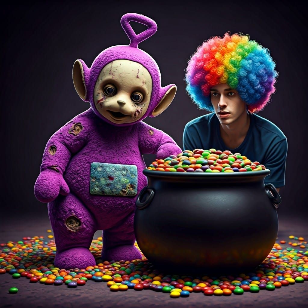 Grotesque Teletubby Zombie Amidst Sugar and Despair